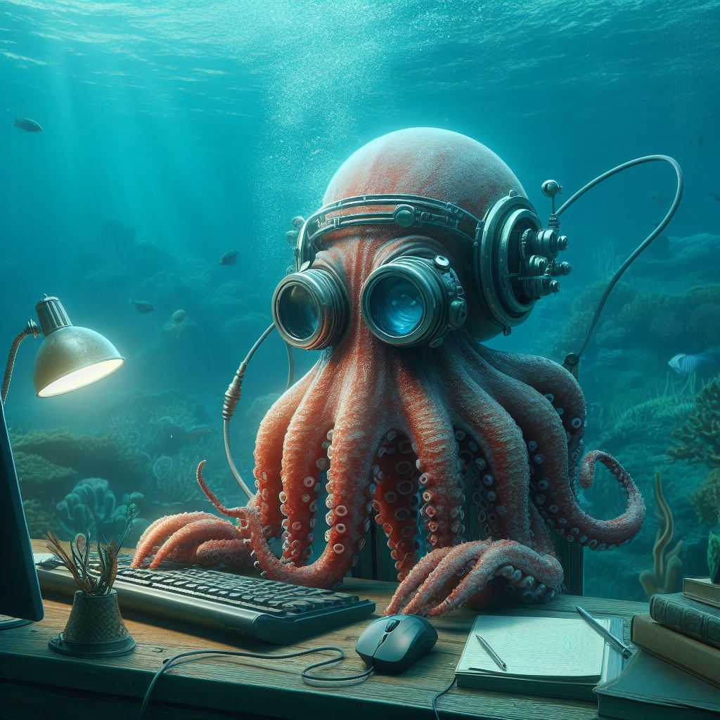 AI generated image of an octopus programming at a desk